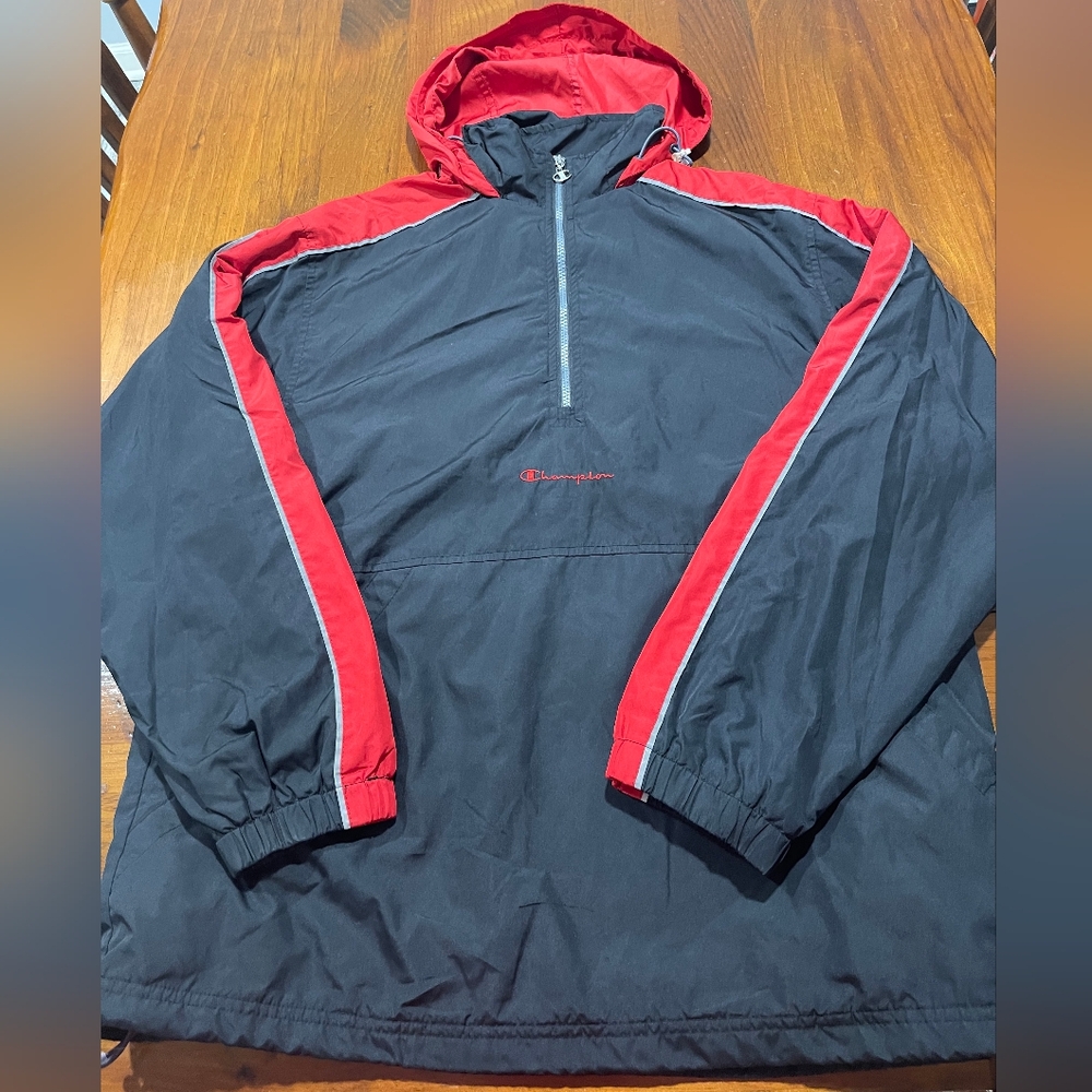 Champion Mens Vintage Red Black 1/2 Zip‎ Hooded Pullover Windbreaker Jacket SZ M